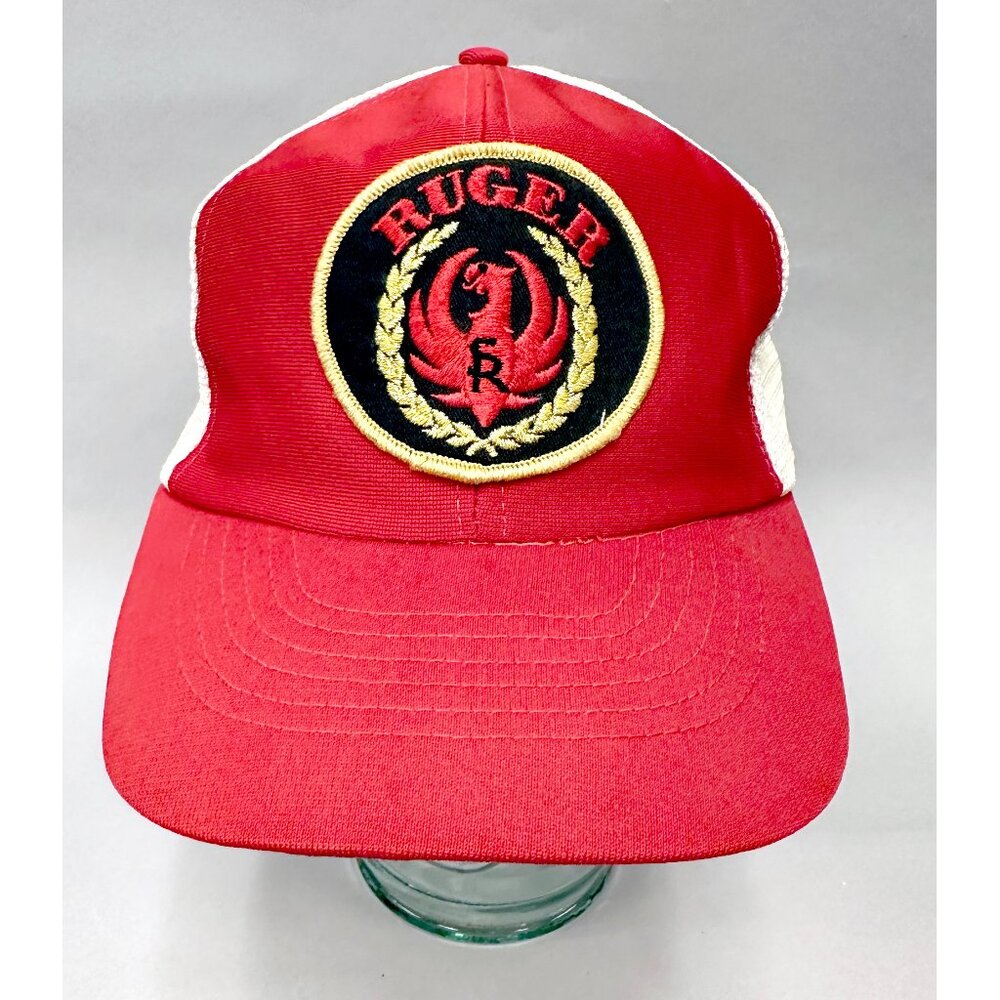 Vintage RUGER Firearms Guns Red White Snapback Trucker Hat w Patch 80s NOS
